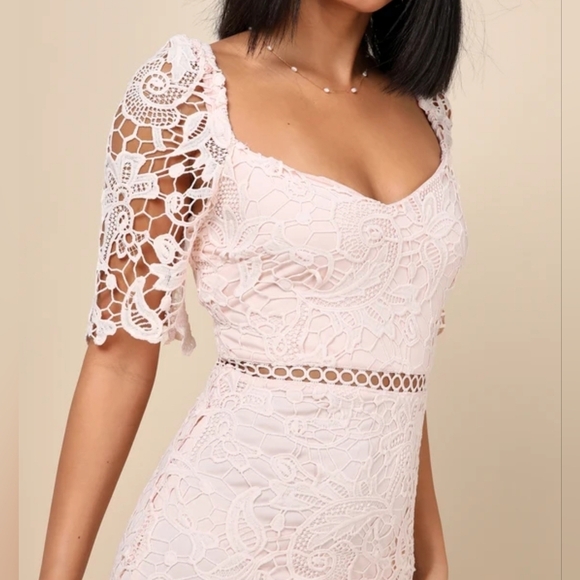 Lulus Briarwood Blush Pink Lace Short-Sleeve Trumpet Hem Ruffled Midi Dress - Picture 4 of 16